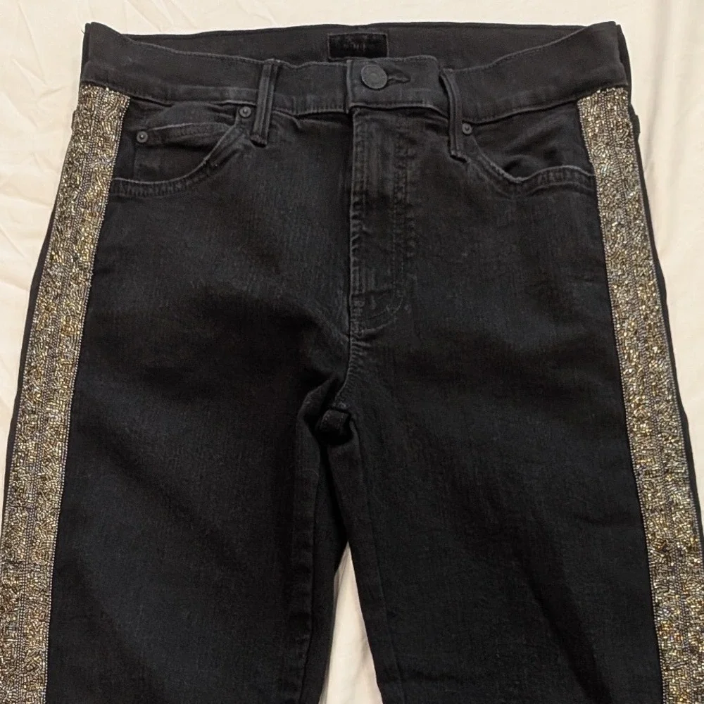 $238 MOTHER Rascal Ankle Fray Blk Beaded Stripe Raw Hem Jeans 28 HiRise Straight